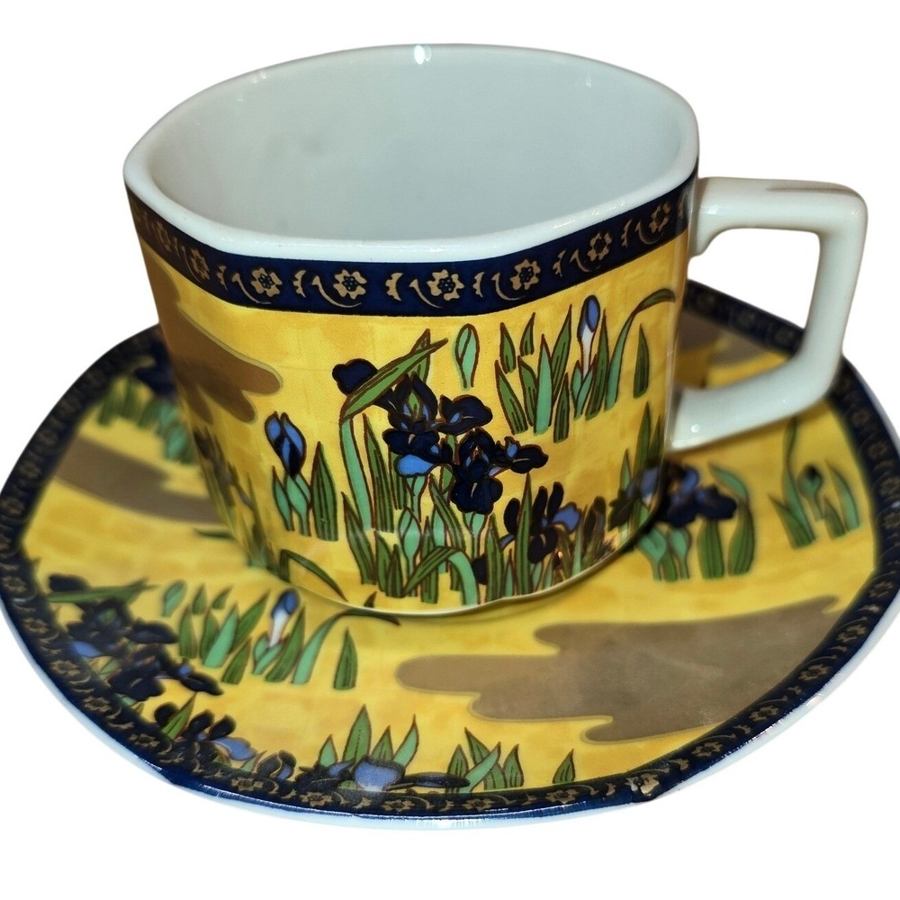 Vintage 1979 Enesco Otagiri Crocus/Iris Floral Gold Octagonal Tea Cup and Saucer